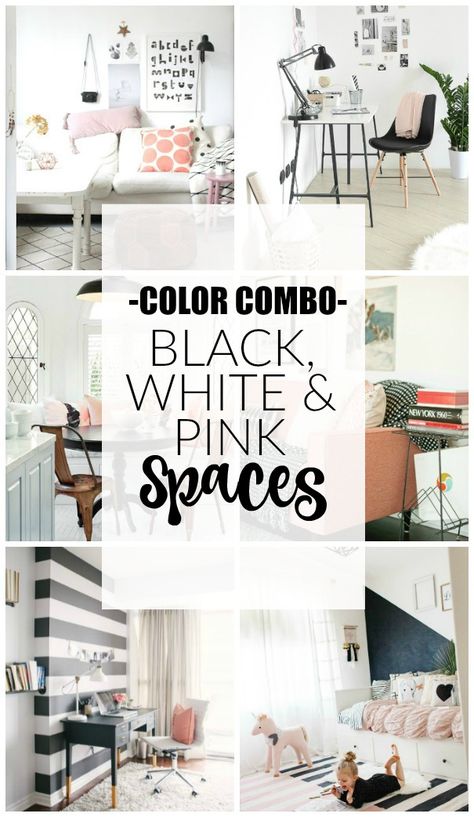 Black White Grey Gold Pink Bedroom, Pink Gold Black Home Decor, Black White And Pink Room Ideas, Black White Blush Bedroom, Blush Black And White Bedroom, Black And White Sewing Room, Black White Pink Gold Office, Black White And Pink Decor, Black White Pink Office