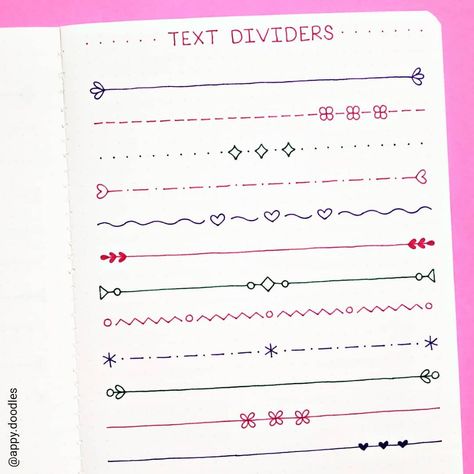 Appy Doodles on Instagram: “Some simple text dividers for your bullet journal / notes. 😊💕 ⠀⠀⠀⠀⠀⠀⠀⠀⠀ Notebook : Softcover Tsuki journal from @notebook_therapy ✨ Use…” Easy Borders To Draw, Divider Doodles, Borders To Draw, Easy Borders, Borders Bullet Journal, Journal Dividers, Bullet Journal Dividers, December Weekly Spread, Notebook Therapy