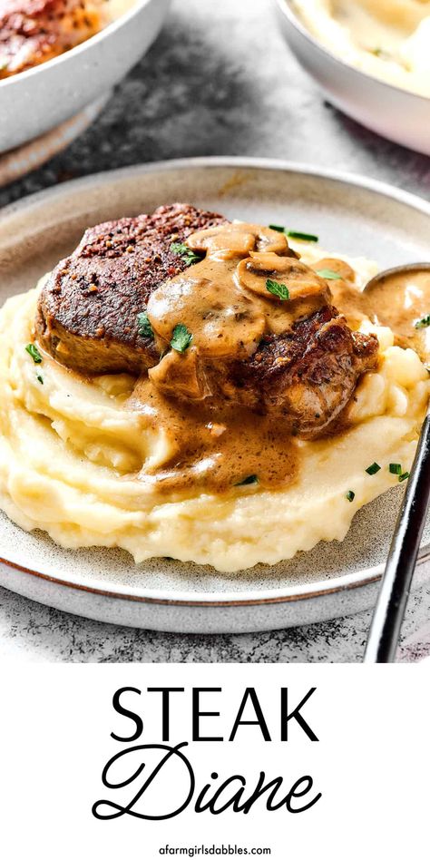 Steak Diane is a classic beef tenderloin recipe with pan-cooked steak in a rich, creamy mushroom sauce. Elegant yet simple, it's perfect for a special occasion or date-night-in, and on the table in just 40 minutes! Pan Cooked Steak, Medallion Steak Recipe, Tenderloin Steak Recipes, Steak Diane Recipe, Béarnaise Sauce, Steak Dinner Recipes, Steak Diane, Beef Tenderloin Recipes, The Best Steak