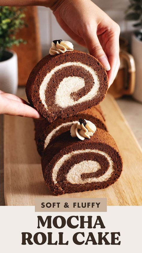 This delicious mocha roll cake is made with soft and fluffy mocha chiffon cake and filled with coffee whipped cream. It's the perfect light and airy cake that's not too sweet. #rollcake #mocha #swissroll | teakandthyme.com Mocha Roll Cake Recipe, Mocha Chiffon Cake Recipe, Mocha Chiffon Cake, Swiss Roll Cake Recipe, Japanese Roll Cake, Coffee Whipped Cream, Roll Cake Recipe, Swiss Roll Cakes, Chocolate Roll Cake