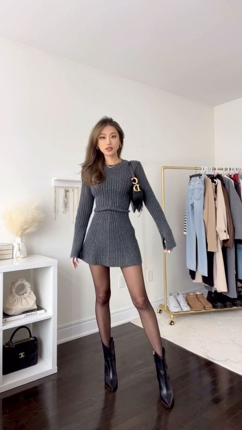 Kerina Wang Kerina-Wang-IG-Reels-18294694717193993 H M Dresses 2023, Autumn Dress Outfit Classy, H And M Dress, Hm Outfits 2023, Outfits Vestidos Invierno, Rib Knit Dress Outfits, H&m Dress, End Of Winter Outfits, Kerina Wang Outfits