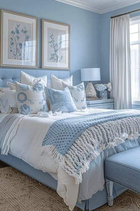 Blue And Cream Bedroom, Blue Bedroom Decor, Blue Rooms, Room Makeover Bedroom, Bedroom House Plans, Blue Bedroom, Master Bedrooms Decor, White Bedroom, Room Inspiration Bedroom