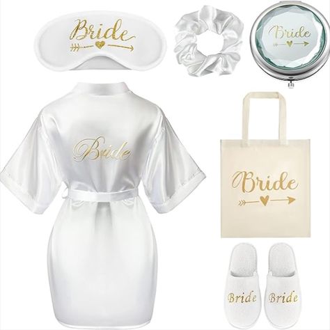 6 Pcs Bride Gifts Bride Dressing Gown Set, White Bride Robe Bride Canvas Bag Bride Slippers Sleep Eye Mask Soft Hair Scrunchie Makeup Mirror Gift Box for Wedding Day or hen party Gift Box For Wedding, Bride Dressing Gown, Bride Slippers, Hen Party Accessories, Wedding Wine Glasses, Spa Slippers, Bride Bag, Sleep Eye, Gifts Set