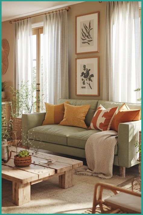 Cozy living room with a green sofa, colorful pillows, wooden coffee table, and nature-inspired wall art. Curtains For Green Sofa, Mint Green Couch Living Rooms, Living Room With Sage Green Couch, Light Green Couch Living Room Ideas, Sage Green Color Palette Living Room, Sage Sofa Living Room Decor, Sage Green Couch Living Room Ideas, Sage Couch Living Room, Green Coastal Living Room