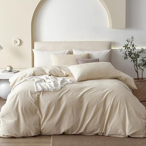 Amazon.com: JIYUAN 100% Washed Cotton Duvet Cover Set Comfy Simple Style Soft Breathable Textured Durable Linen Feel Bedding for All Seasons Queen, Mauve Brown : Home & Kitchen Beige Bed Set, Bedding Photography, Beige Duvet, Wrinkled Fabric, Solid Beige, Life Vision, White Bed, Room Transformation, Comfy Bed