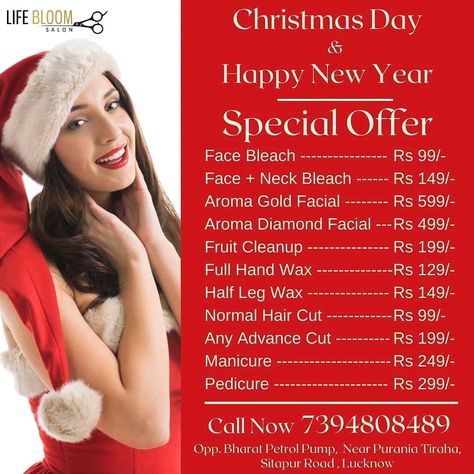 Life Bloom Salon presence Christmas & Happy New Year Special Offers 🙆 If you want to book, Please Contact me 👇 Contact for Booking : 📳7394808489 ------ #lifebloomsalon #merrychristmas #christmasdecor #winter #christmastime #happynewyear #newyear #love #happy #christmas #hair #newyearseve #newyears #like #merrychristmas #party #christmashaircuts #makeup #hairspa #cleanup #beautylove #beautycare #skincare #instagood #purania #aliganj #lucknow #neha #salon Beauty Parlour Offer Poster, Parlour Makeup, Face Bleach, Beauty Parlour Makeup, Henna Design Tutorial, Create Poster, Bridal Henna Design, Offer Poster, Beauty Salon Marketing