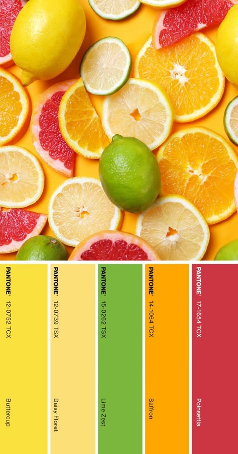 Bright Citrus Color Palette, Lime Yellow Color Palette, Passionfruit Color Palette, Bright Pantone Color Palette, Lemon Yellow Color Combinations, Nail Color Palette Ideas, Color Palette Fruit, Lemon Colour Palette, Juice Bar Color Palette