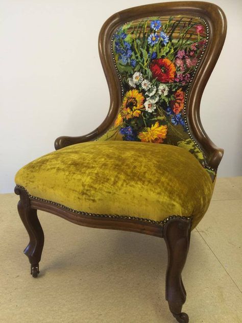 Victorian balloon back salon chair reupholstered in a vintage floral tapestry on the inside back, and a J Brown gold velvet on the seat. Reupholstered Victorian Chair, Velvet Armchair Vintage, Victorian Chairs Reupholstered, Ornate Chair, Fabric Chairs, Victorian Chair Makeover, Vintage Velvet Chair, Reupholstered Wingback Chair, Vintage Chairs Victorian