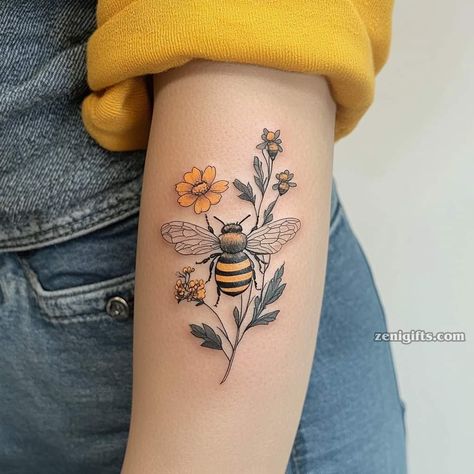 Butterfly And Bee Tattoo, Wildflower Shoulder Tattoo, Bee And Flower Tattoo, Insect Tattoos, Underarm Tattoo, Bee Tattoos, Bumble Bee Tattoo, Insect Tattoo, Wildflower Tattoo