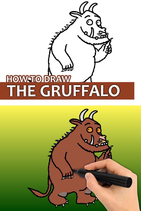 Learn how to draw the Gruffalo with this step by step drawing tutorial video. Enjoy! ♥ #gruffalo #gruffalodrawing #bookcharacters #howtodraw #easydrawingforkids Gruffalo Drawing, Draw Book, Disney Drawing, Easy Disney Drawings, The Gruffalo, Happy Stones, Easy Drawings For Kids, Book Drawing, Novel Studies