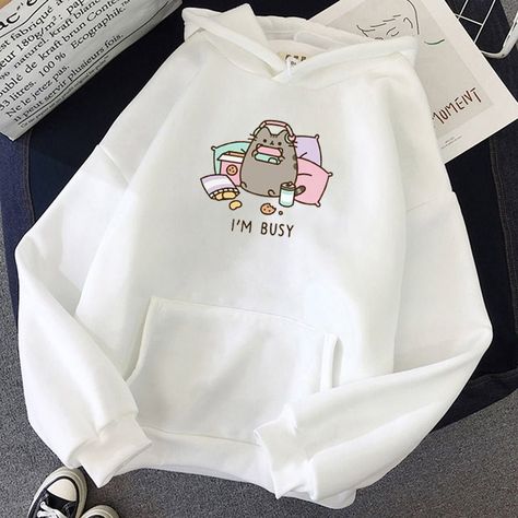 As a busy cat lady, you need to look cute and feel comfortable! This cozy and stylish pusheen hoodie is perfect for any busy woman on the go, with pusheen cat on it! This pusheen cat hoodie is comfortable and warm, while also being fashionable and trendy. If you are looking for a kawaii cat hoodie, this is sure to put a smile on anyones face With its cute design and message. Size Chart: Customer's photo: Hoodie Base, Streetwear Couple, Cartoon Clothes, Womens Sweatshirts Fashion, Harajuku Sweatshirt, Fashion Kawaii, Sweet Cat, Womens Sweatshirts Hoods, Women Sweaters Winter