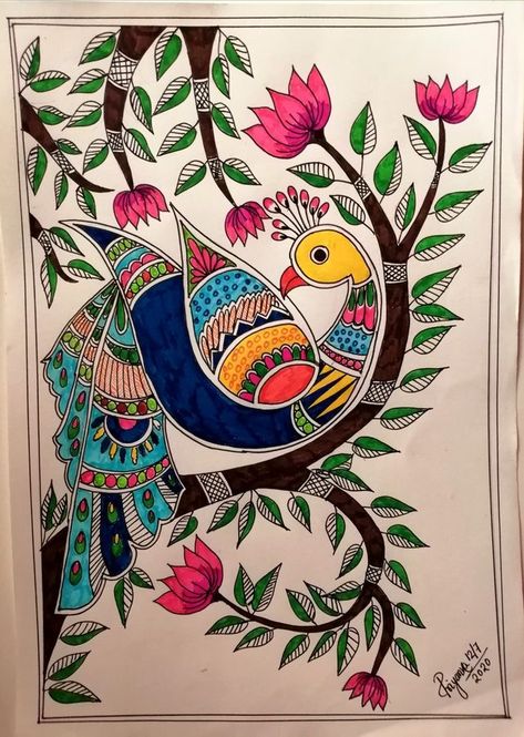 Madhubani Peacock Drawing, Pichwai Art Paintings Peacock, Indian Design Painting, Madhubani Painting Design, Madhubani Art On Wall, Canvas Madhubani Painting, Indian Folk Art Painting Wall Hangings, Madhubani Painting Drawing, Mithila Painting Peacocks