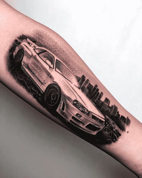 Gtr Tattoo Design, Car Idea Tattoos, Car Themed Tattoos, Car Related Tattoos For Men, Car Guy Tattoos, Car Enthusiast Tattoo, Car Tattoos For Guys, Fast And Furious Tattoo, Car Lover Tattoo