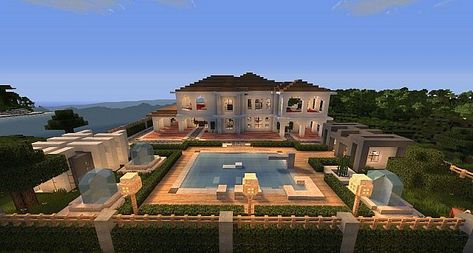 This is a white/Quartz mansion with over 10 rooms. It also has a pool and 4 water falls. There is a nice view in the back. Villa Minecraft, Modern Minecraft, Modern Minecraft Houses, Case Minecraft, Girls Crafts, Rumah Minecraft Sederhana, Minecraft Mansion, Minecraft World, Minecraft Houses Blueprints