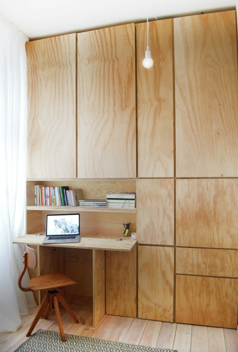 Hidden Desk, Plywood Furniture, The Desk, Home Office Design, Design Living, Built In Storage, Built Ins, Design Interior, Office Design