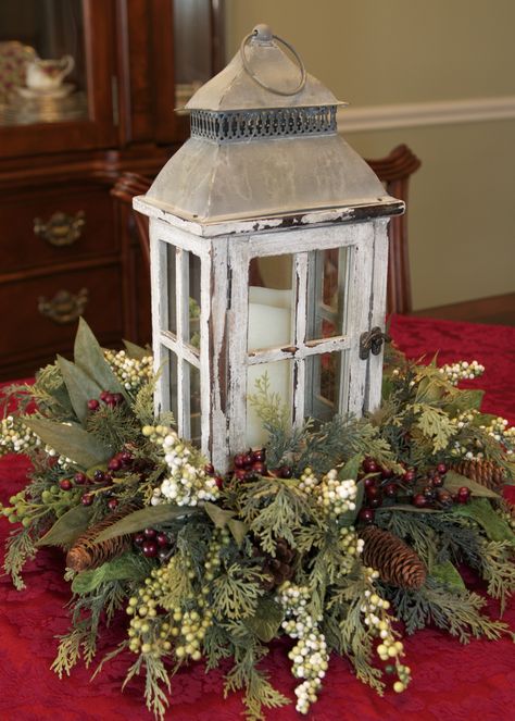 Winter Lantern Centerpiece by Linda Rosia. Christmas Lantern Decor Ideas, Christmas Lantern Ideas, Lantern Christmas Decor, Christmas Table Decorations Diy, Diy Christmas Table, Centerpiece Christmas, Centerpieces Diy, Lantern Ideas, Lantern Centerpieces