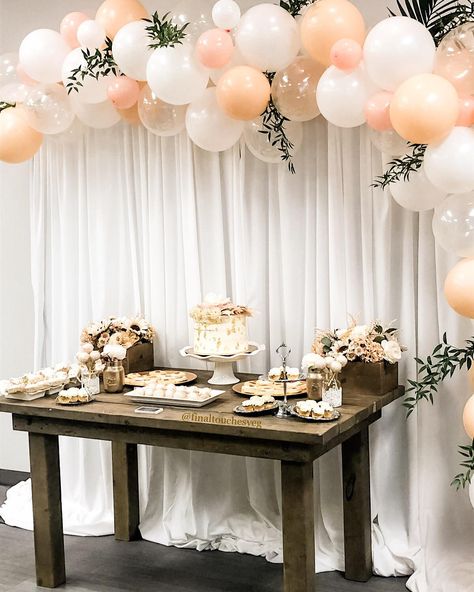 Peach And White Balloon Garland, Balloon Garland On Top Of Backdrop, Balloon Arch Cake Table, Dessert Table Balloon Garland, Balloon Garland With Greenery, Blush Balloon Garland, Blush Pink Birthday, Peach Party Decorations, Bridal Shower Bachelorette Party Ideas