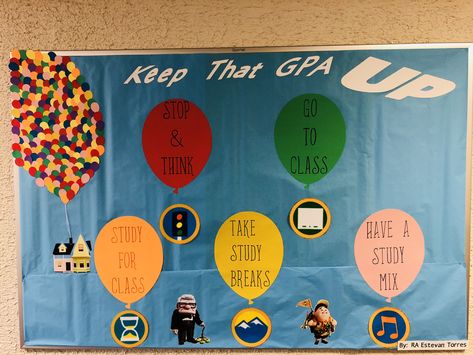 Keep that GPA UP Bulletin Board Resident Advisor, College, High School. Balloons, Up the Movie Academic Success RA. Up inspired Nhs Bulletin Board High Schools, Keep That Gpa Up Bulletin Board, Ra Movie Theme Bulletin Boards, September Bulletin Board Ideas High School, Nhs Bulletin Board, Academic Ra Bulletin Board, Academic Ra Board, Ra Academic Bulletin Boards, Academic Success Bulletin Board