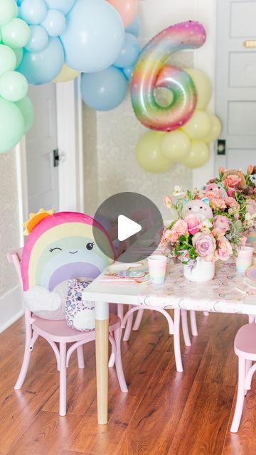 ellie and piper® | Party Boutique on Instagram: "🌈 SQUISHMALLOWS 🌈 Another trending party theme! Make it pretty with soft, pastel rainbows and iridescent shimmering details!   Need links to these products? Send us a DM!  Event design: @jordandrakedesign  Tableware: @ellieandpiperco Florals: @oncegathered  Balloons: @oolalaballoons  Chairs: @ribbonandblue  Acrylic: @parkergrovelane  Cake: @sugareuphoria  Photographer: @glynnischristensenphotography" Squishmallows Birthday Party, Squishmallows Birthday, Party Boutique, Pastel Theme, 10th Birthday, Pastel Rainbow, Soft Pastel, Event Design, Make It