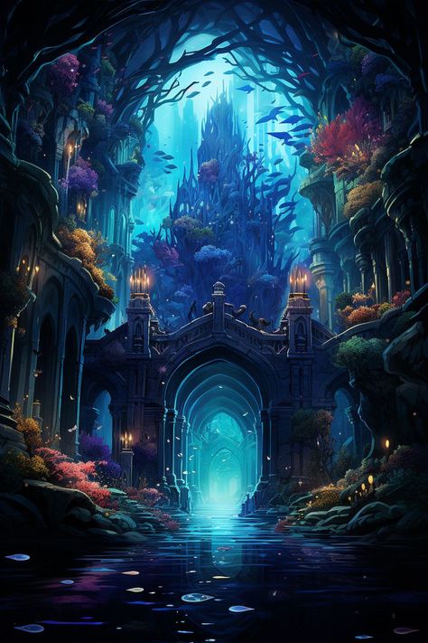 Ocean Creatures Art, Mythical Sea Creatures, Mermaid Stories, Beautiful Scenery Photography, Underwater City, Anime City, Underwater Art, Fantasy Drawings, Ocean Wallpaper