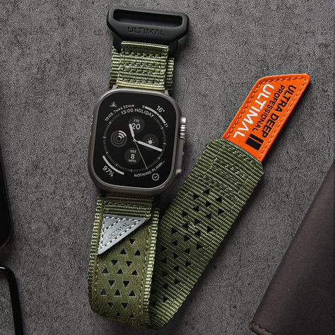 ULTIMAL Sports Strap Compatible with Apple Watch Straps 49mm, Soft Nylon Band, Breathable Hollow Out, Hook & Loop Design for Apple Watch Strap - Series Ultra - Olive Green Apple Watch Strap Men, Apple Watch Ultra Faces, Apple Watch Ultra Bands, Apple Wrist Watch, Apple Smartwatch, Apple Watch Fashion, Stylish Watches Men, Mens Sport Watches, Retro Watches