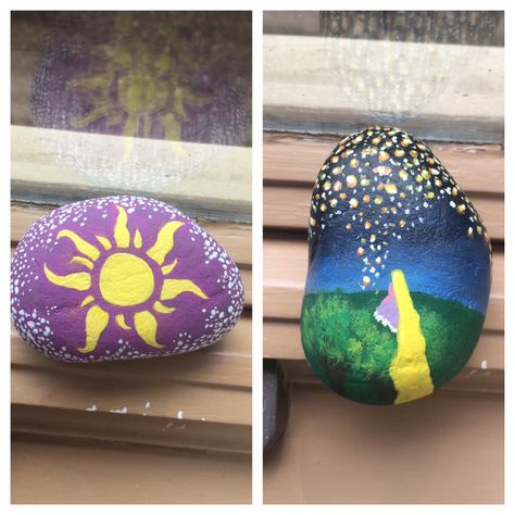 Painted doubled sided rock (inspired by Disney's Tangled) Tangled Rock Painting, Rock Painting Ideas Purple, Disney Rock Art, Tangled Pumpkin Painting, Rock Painting Disney, Rock Painting Ideas Disney, Tangled Crafts, Disney Painted Rocks, Disney Rock Painting Ideas