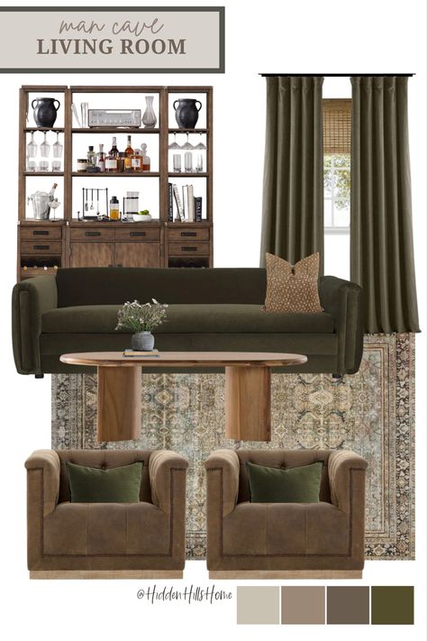 Masculine living room decor for a man cave! Moody Living Room Sofas, Living Room Ideas Two Couches, Moody Sitting Room Bar, Living Room Two Couches Two Chairs, Hunter Green And Tan Living Room, Dark Transitional Decor, Classic Masculine Living Room, Black And Tan Leather Living Room, Dark Couches Living Room