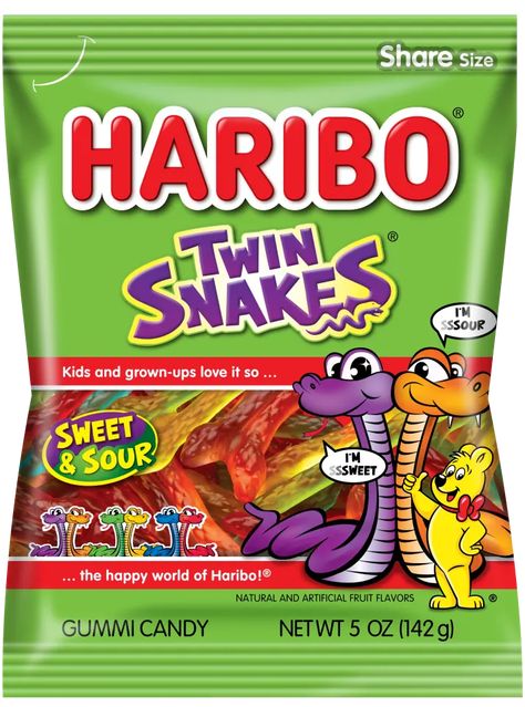 Twin Snakes, Haribo Gummy Bears, Gummi Candy, Haribo Candy, Sour Orange, Candy Companies, Artificial Fruit, Chewy Candy, Sour Candy