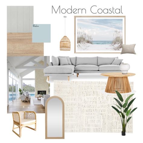 Vacation Interior Design, Hampton Mood Board, Beach Patio Ideas Coastal Cottage, Grey Sofa Coastal Living Room, Beach House Chic Interior Design, Beach Lounge Room, Modern Coastal Apartment Decor, Coastal Modern Office Design, Transitional Beach House Interiors