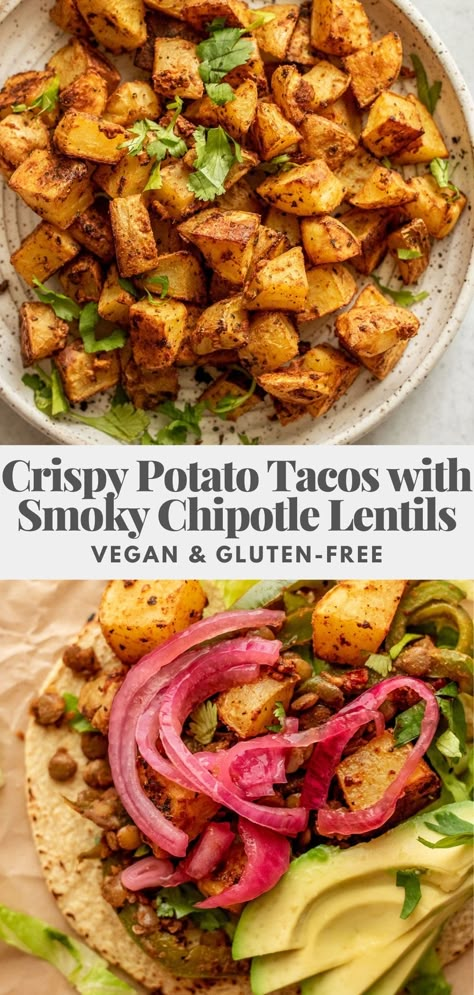 Hearty Crispy Potato Tacos paired with some Smoky Chipotle Lentils for an easy budget-friendly vegan meal that’s ready in 30 minutes. Potato Tacos Vegan, Vegan Vegetable Dishes, Vegan Dinner Potato, Vegan Recipes Potato, Vegan Food On The Go, Budget Vegan, Vegan Potato Tacos, Mexican Vegan Food, Meatless Potato Meals