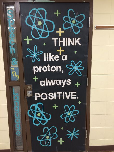 Door decoration for a science class or magnet school. Science Lab Door Decoration Ideas, Science Class Door Decoration, Science Expo Ideas For High School, Science Themed Classroom Doors, Biology Themed Classroom, Physics Room Decor Classroom Ideas, Class Board Ideas High Schools, Elementary Science Classroom Decorations, Biology Door Decorations