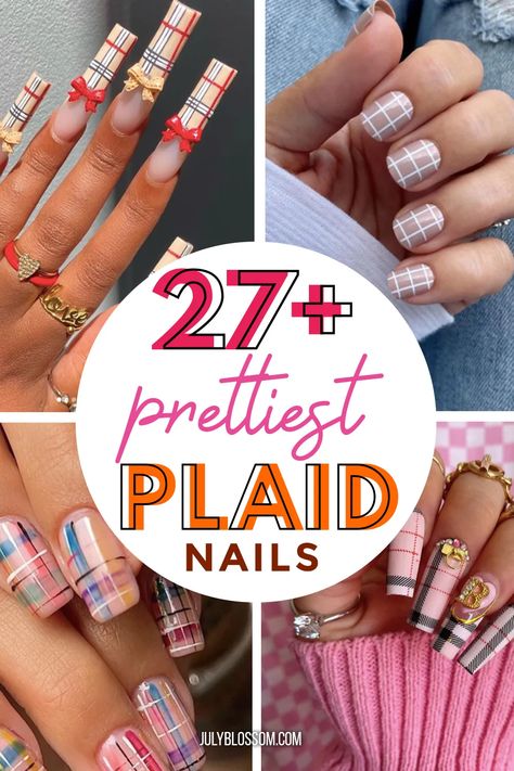 Red Plaid Nails Acrylic, Check Pattern Nail Art, Plaid Gel Nail Designs, November Plaid Nails, Valentine Plaid Nails, Plaid Spring Nails, Fall Nails 2023 Plaid, Plaid Acrylic Nail Designs, Neon Plaid Nails