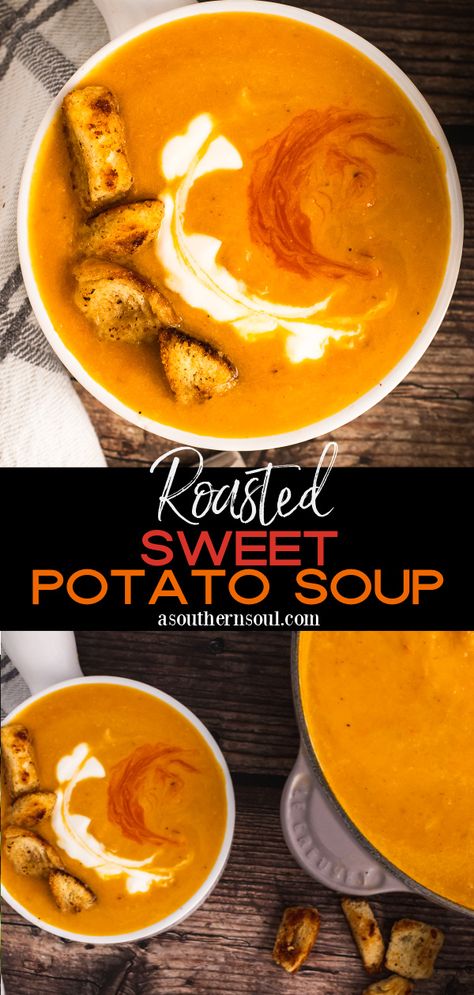 Roasted Sweet Potato Soup Crockpot Soup Recipes Sweet Potato, Roasted Cauliflower Sweet Potato Soup, Sweet Potato Jalapeno Soup, Roasted Sweet Potato And Carrot Soup, Sweet Potato Tomato Soup, Roast Sweet Potato Soup, Soups Using Sweet Potatoes, Zucchini Sweet Potato Soup, Savory Sweet Potato Soup