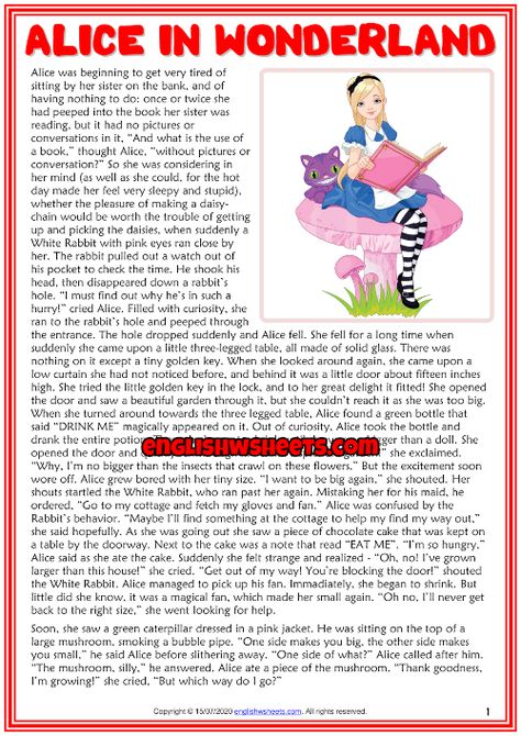 Alice in Wonderland ESL Reading Text Worksheet For Kids Esl Reading Comprehension, Fairy Tale Story, Alice In Wonderland Print, Esl Reading, Short Moral Stories, Reading Comprehension Lessons, Moral Stories For Kids, Comprehension Skills, Worksheet For Kids