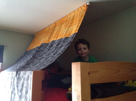 Phase one complete! Bunk Bed Canopy Diy, Top Bunk Tent, Bottom Bunk Curtain, Dorm Privacy, Bunk Bed Curtains, Bunk Bed Tent, Pallet Kids, Bunk Beds Boys, Canopy Bed Diy