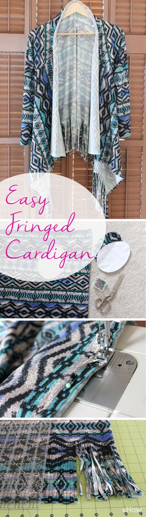 Add fringe to an old cardigan for an instant makeover! Diy Cardigan From Fabric, Old Sweater Diy, Renegade Seamstress, Fringe Cardigan, Sew Ins, Old Sweater, Repurposed Clothing, Altering Clothes, Sewing Patterns Free