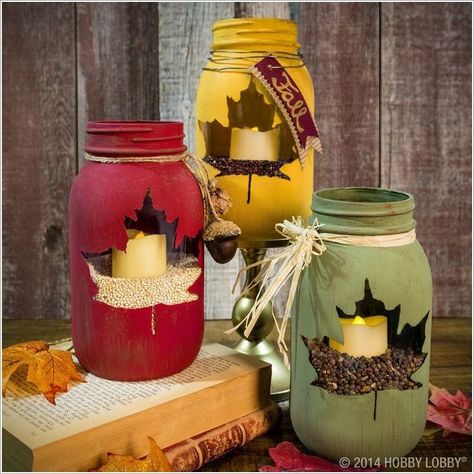 Maple Leaf Mason Jars, Leaf Mason Jar Candle, Fall Mason Jar Crafts, Fall Jars, Pink Mason Jars, Mason Jar Candle Holders, Fall Mason Jars, Mason Jar Projects, Jar Centerpieces