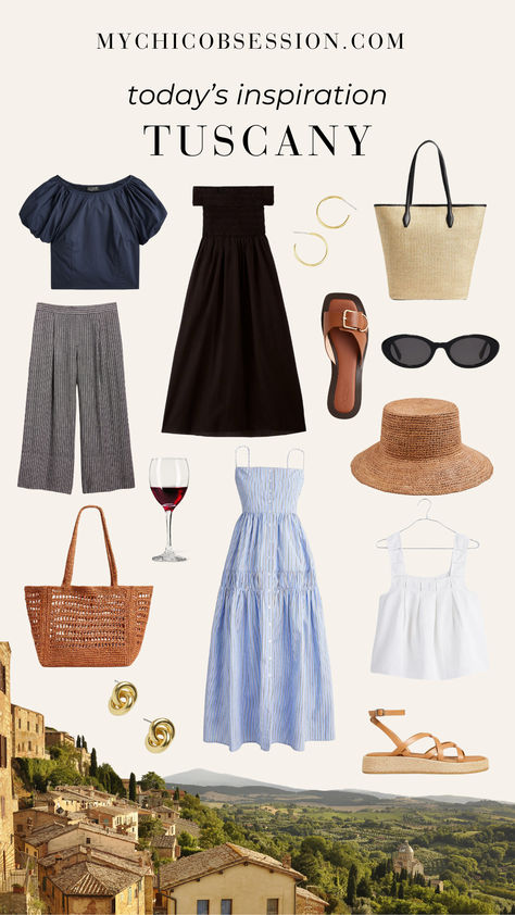 Summer outfit inspiration from Tuscany, a region in Italy known for its rolling hills, picturesque views, medieval towns and world-famous wines. Linen, long dresses, straw accents and gold jewelry are the perfect way to dress for an afternoon strolling the vineyards. Chic Summer Vacation Outfits, Summer In Florence Outfits, Tuscany Vineyard Outfit, Summer In Tuscany Outfit, Italy May Outfit, Florence Outfits Summer, Tuscany Outfit Summer, Tuscany Italy Outfits, Italian Spring Outfits