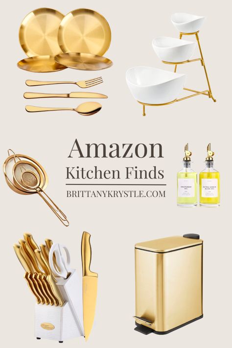 Amazon Home Finds: Gold Kitchen Accessories - Brittany Krystle Gold Kitchen Utensils, Amazon Kitchen Decor, Gold Utensils, Amazon Kitchen Finds, Luxe Kitchen, Gold Kitchen Accessories, Glam Kitchen, Amazon Home Finds, Kitchen Ornaments