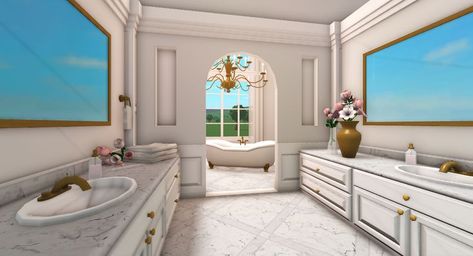 Bloxburg Fancy Bathroom Ideas, Bloxburg Bathroom Inspiration, Bloxburg Jack And Jill Bathroom, Big Bathroom Bloxburg Ideas, Bloxburg Hotel Bathroom Ideas, Bloxburg Luxury Bathroom Ideas, Bathroom Layout Bloxburg, Bathroom Inspiration Bloxburg, Nursery Ideas In Bloxburg