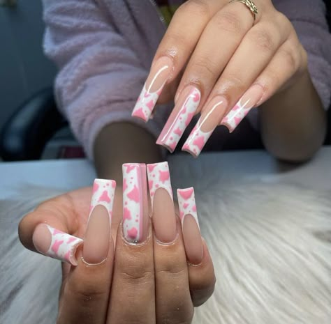 Cow French Tip Nails Pink, Pink Cow French Tip Nails, Pink Cow Print Nails Acrylic Long, Cow Acrylic Nail Designs, Heart Cow Print Nails, Acrylic Nail Designs Cow Print, Cute Cow Nail Designs, Short Nail Designs Cow Print, French Tip With Cow Print