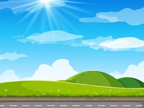 Sun and clouds in bright blue sky | Premium Vector #Freepik #vector #sky #sky-illustration #cartoon-sky #nature-illustration Cute Sky Pictures Cartoon, Sky Cartoon Background, Sky Illustration Cloud, Sky Animation, Sky Clipart, Sky Cartoon, Cartoon Spaceship, Road Background, Cartoon Sky