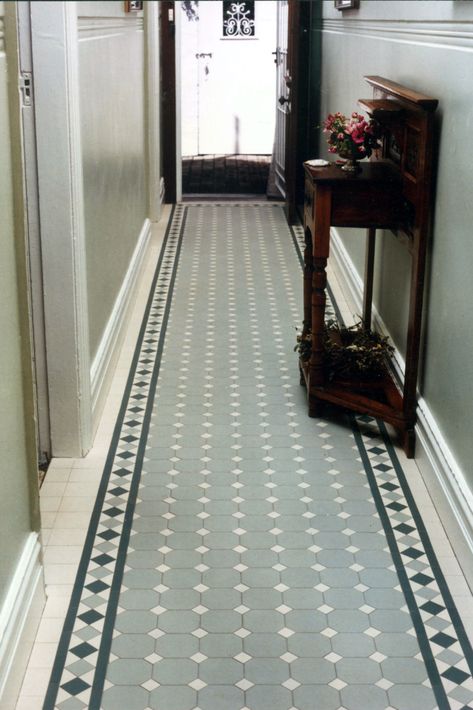 Tile Hallway, Modern Victorian Style, Octagon Tile, Hall Tiles, Victorian Hallway, Victorian Tile, Victorian Floor Tiles, Hall Flooring, Tiled Hallway