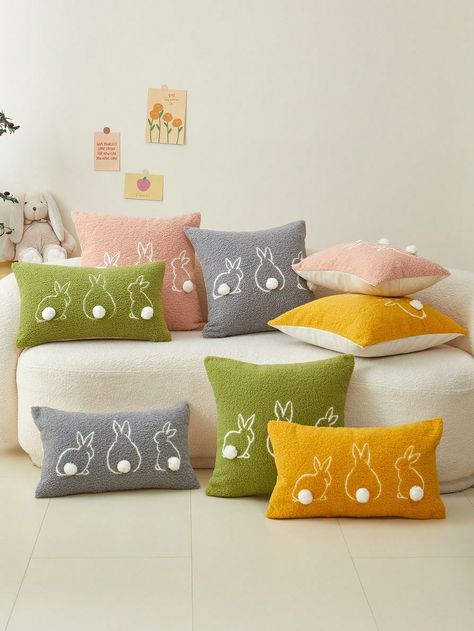 Yellow  Collar  Flannelette   Embellished  All Seasons Decorative Pillows, Inserts, & Covers Easter Silhouette, Easter Cushions, Embroidery Pillow Cover, Rabbit Embroidery, Easter Yellow, Embroidery Cushion, Rabbit Silhouette, Green Rabbit, Bunny Silhouette