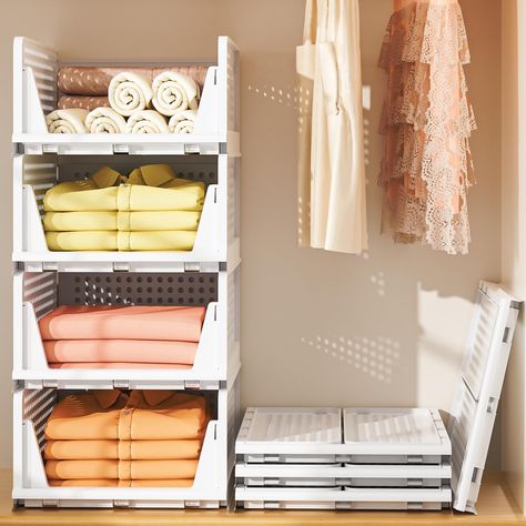 PRICES MAY VARY. 【Multi-Functional】The stackable storage bins are perfect for storing all kinds of items such as t-shirts, towels, clothes, toys, snacks, books, files, etc. Suitable for closet, dorm room, bathroom, kitchen, living room, office. Each drawers size is 16.9”L x 13.1”W x7.3”H. 【Maximize Storage Space】The closet organizer is stackable which makes the home vertical space organized. Freely stack and adjust the quantities of closet storage to best fit your closet or storage space. The cl Storage Bins Closet, Closet Dorm, Drawers For Closet, Apartment Closet Organization, Folding Wardrobe, Plastic Storage Drawers, Organizer For Closet, Stackable Shelves, Closet Shelf