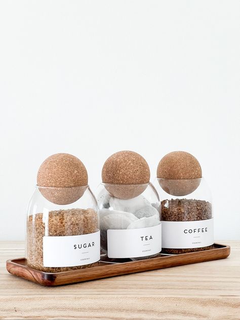 "These cute ball jars can be bought as singles, sets of 2 or sets of 3 with or without the Acacia Tray.  Perfect to display Tea, Coffee and Sugar but the labels are fully personalised, just let us know what you would like printed in the \"Personalisation Section\" - labels are 100% waterproof -- SIZE Height: 15 CM (including cork stopper) Width: 10 CM Volume: 500 ML" Kitchen Organisers, Cork Ball, Tea Coffee Sugar Jars, Tea Coffee Sugar Canisters, Pantry Containers, Tea Display, Sugar Container, Coffee Jars, Sugar Canister