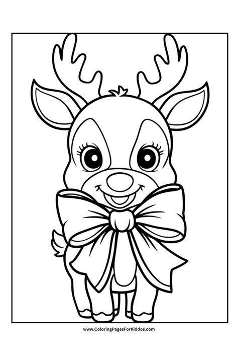 A smiling reindeer with a big bow tied around its neck. Reindeer Outline Free Printable, Reindeer Coloring Pages Free Printable, December Coloring Pages Free Printable, Santa Coloring Pages Free Printable, Simple Christmas Coloring Pages, Free Christmas Coloring Pages Printables, Christmas Coloring Sheets Free Printable, Christmas Arts And Crafts For Kids, Christmas Pictures To Print