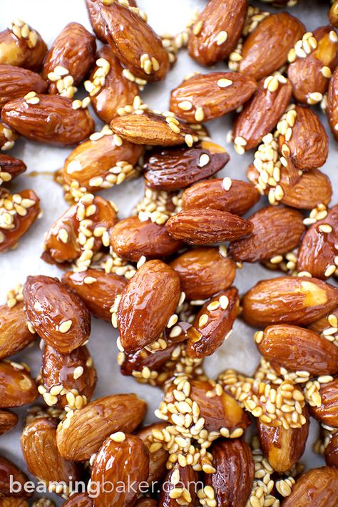 Honey Glazed Almonds, Coated Almond Recipes, Sesame Seed Recipes, Beaming Baker, Sesame Seeds Recipes, Almond Snack, Coconut Bites, Candied Almonds, Honey Sesame