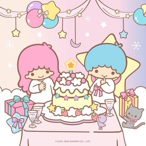 Kawaii, Happy Birthday Boyfriend Quotes, Kiki And Lala, Happy Birthday Wallpaper, Hello Kitty Backgrounds, Hello Kitty Drawing, Sweet Cake, Sanrio Wallpaper, Twin Stars