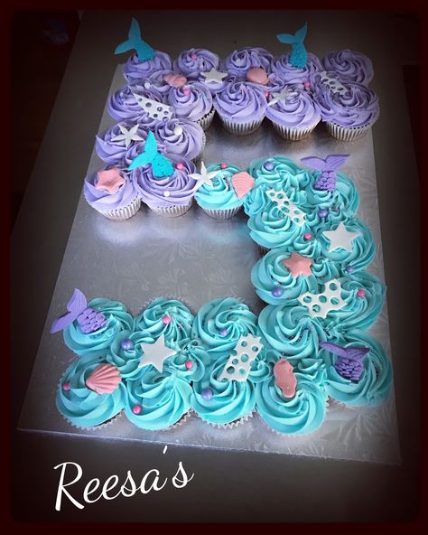 Mermaid Theme Cupcake Cake, Number 5 Mermaid Cupcake Cake, Cupcakes Decoration Mermaid, Mermaid Cakes And Cupcakes, Mermaid Tail Cake Ideas, Mermaid Birthday Cupcake Cake, Little Mermaid 5th Birthday Party, Cupcake Mermaid Tail, 5 Year Mermaid Birthday